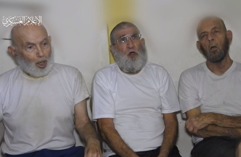  Hamas released a video of three elderly male Israeli hostages pleading for their release. December 18, 2023. (credit: Screenshot/Hamas Telegram)