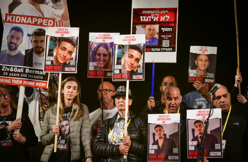  A rally calling for the release of Israelis held kidnapped by Hamas terrorists in Gaza at ''Hostage Square'' in Tel Aviv, December 16, 2023. (credit: AVSHALOM SASSONI/FLASH90)