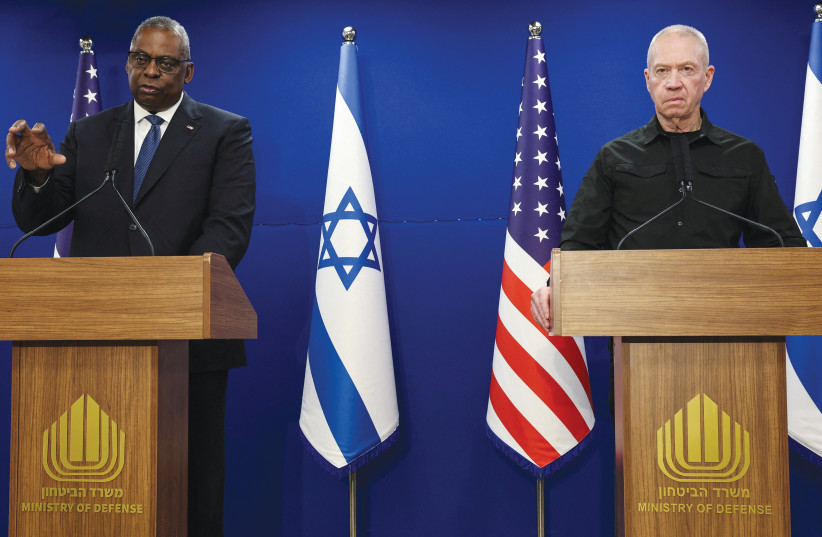  DEFENSE MINISTER Yoav Gallant and US Defense Secretary Lloyd Austin hold a joint news conference at the Kirya in Tel Aviv, Monday (credit: Violeta Santos Moura/Reuters)