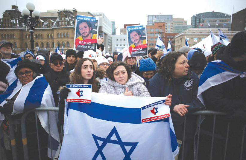  DEMONSTRATORS GATHER in support of the Jewish community, on Parliament Hill in Ottawa, earlier this month. (credit: Dave Chan/AFP via Getty Images)