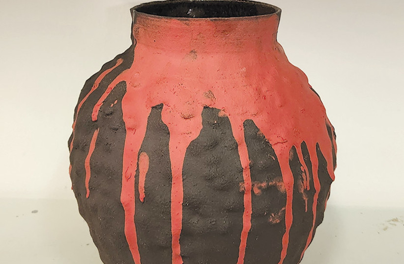  WHEEL-THROWN black and red vase, glaze, porcelain slip, 2023. (credit: Irit Abba)