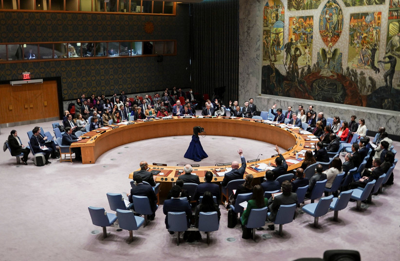  Members of the UN Security Council vote on a proposal to demand that Israel and Hamas allow aid access to the Gaza Strip, December 22, 2023. (credit: REUTERS/David Dee Delgado)