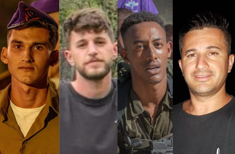 Four of the IDF troops killed in Gaza over the weekend, (from left to right) Nir Rafael Kananian, Shay Termin, Birhanu Kassie, Alexander Shpits. December 23, 2023. (credit: IDF SPOKESPERSON UNIT)