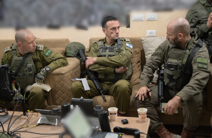  IDF Chief of Staff Herzi Halevi, meets with Head of the Southern Command, Major General Yaron Finkelman for a situational assessment in Khan Yunis. December 23, 2023. (credit: IDF SPOKESPERSON UNIT)
