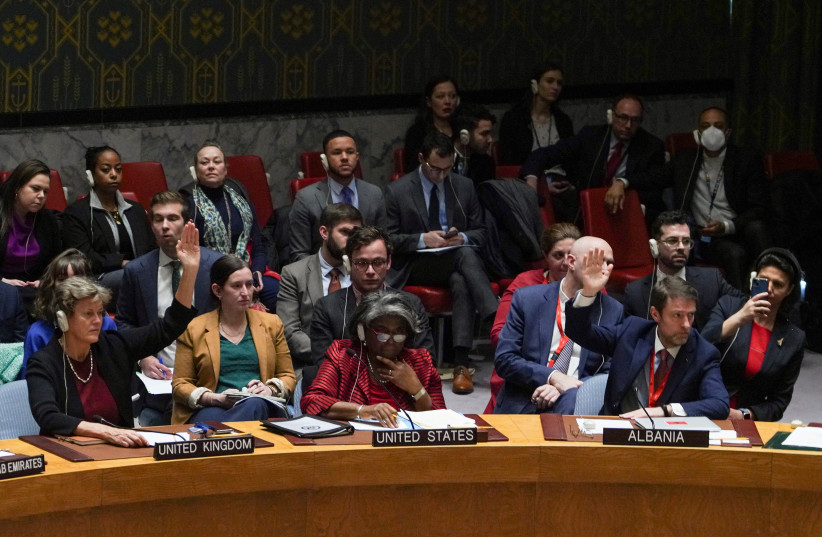  Members of the United Nations Security Council vote on a proposal to demand that Israel and Hamas allow aid access to the Gaza Strip, New York, December 22, 2023. (credit: REUTERS/David Dee Delgado)