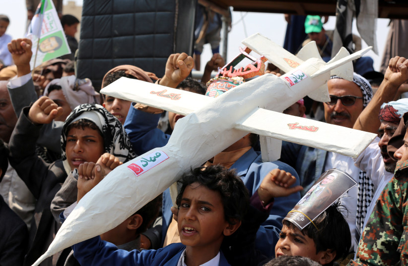  Followers of the Houthi movement carry a mock drone during a rally held to mark the Ashura in Saada, Yemen September 10, 2019. (credit: NAIF RAHMA / REUTERS)