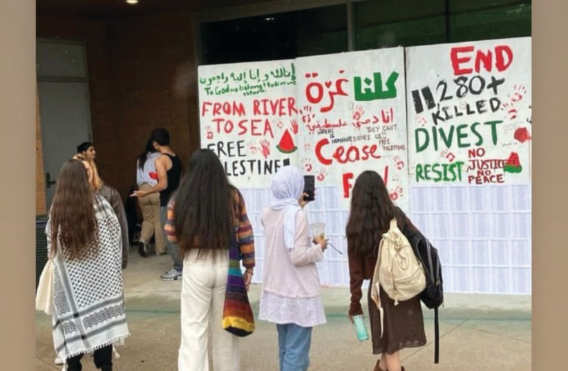  Anti-Israel slogans are on display at the University of South Florida.  (credit: #EndJewHatred)