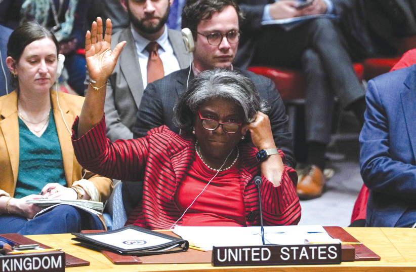  US AMBASSADOR to the UN Linda Thomas-Greenfield votes last Friday to abstain on a resolution demanding aid access to Gaza. Prime Minister Netanyahu thanked US President Biden for helping to craft the resolution. (credit: David Dee Delgado/Reuters)
