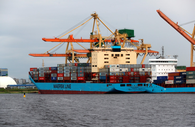  Maersk ship Volga Maersk is docked in Riga port, Latvia May 31, 2019. (credit: REUTERS/INTS KALNINS)