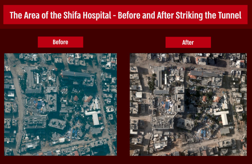  Graphic showing before and after images of the Shifa Hospital complex (credit: IDF SPOKESPERSON'S UNIT)
