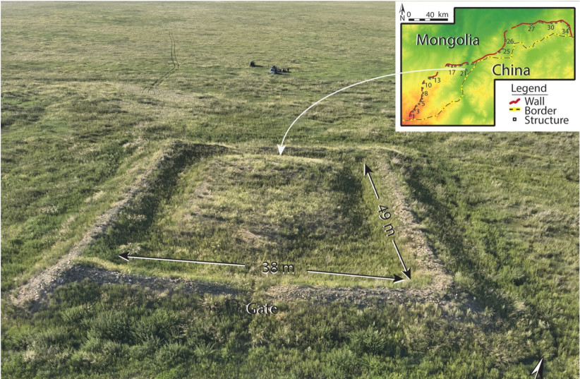 The wall section is located between structures 17 and 18. Measurements are typical based on measurements at various locations along the wall. (credit: Dr. Gideon Shelach-Lavi)