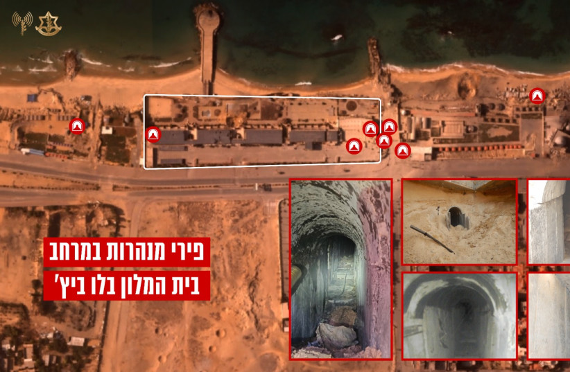 An aerial photograph of the Blue Beach Hotel complex and the location of the shafts in the area. January 5, 2024.  (credit: IDF)