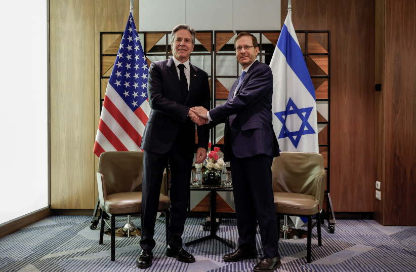 US Secretary of State Antony Blinken meets Israel's President Isaac Herzog, during his week-long trip aimed at calming tensions across the Middle East, at David Kempinski Hotel, in Tel Aviv, Israel, January 9, 2024.