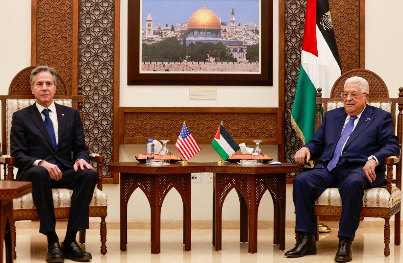  US Secretary of State Antony Blinken meets with Palestinian President Mahmoud Abbas, during his week-long trip aimed at calming tensions across the Middle East, in the Muqata'a, in Ramallah in the West Bank on January 10, 2024 (credit: JAAFAR ASHTIYEH/Pool via REUTERS)