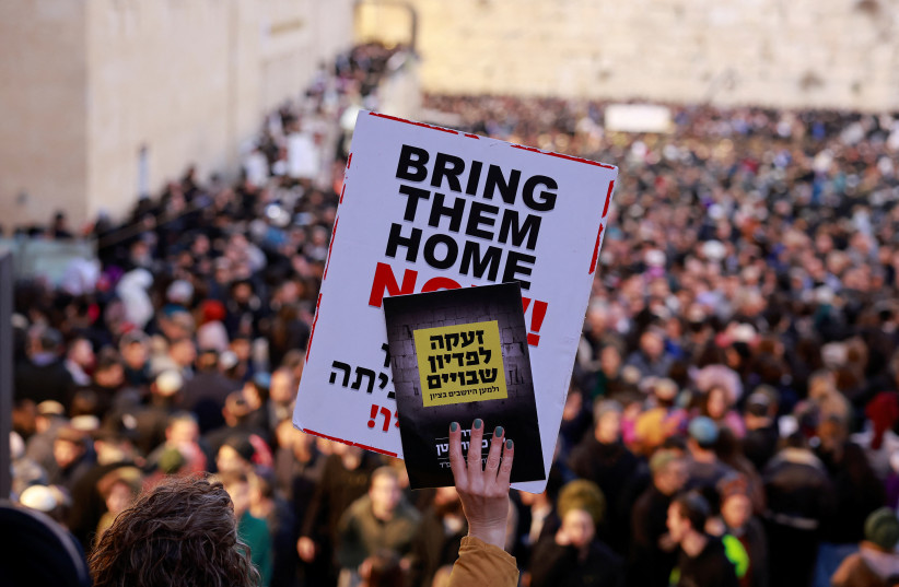  Mass prayer for return of Israelis held hostage by Hamas, in Jerusalem, January 10, 2024 (credit: REUTERS/AMMAR AWAD)