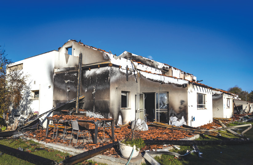  A GUTTED HOUSE in Kibbutz Be’eri, following the barbaric onslaught. As brutal as October 7 was, if Hamas is not destroyed and made an example of, the next attack from a terrorist group will likely exceed its barbarism and depravity, the writers warn. (credit: Chaim Goldberg/Flash90)