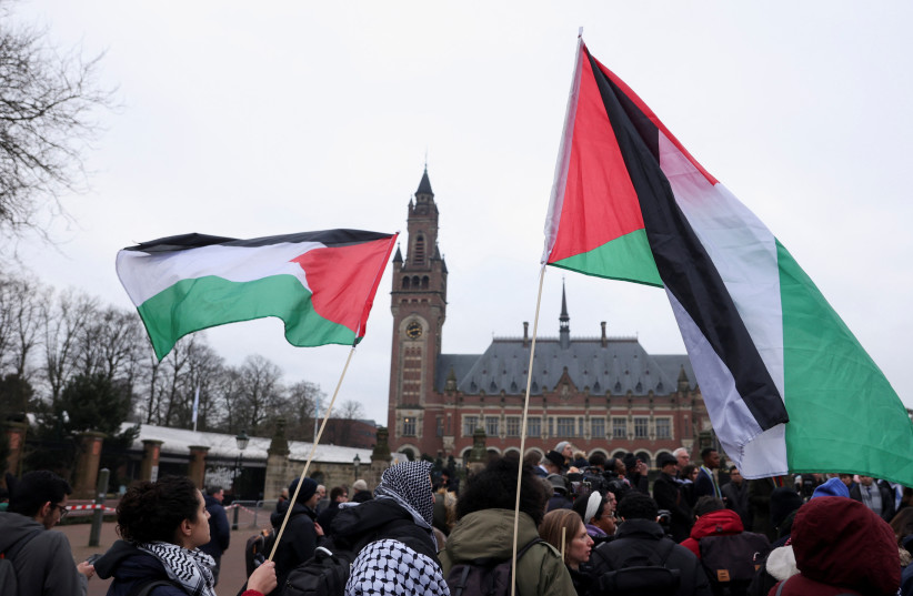  Pro-Palestinian demonstrators protest on the day judges of the International Court of Justice (ICJ) hear a request for emergency measures to order Israel to stop its military actions in Gaza, in The Hague, Netherlands January 11, 2024. (credit: REUTERS/THILO SCHMUELGEN)