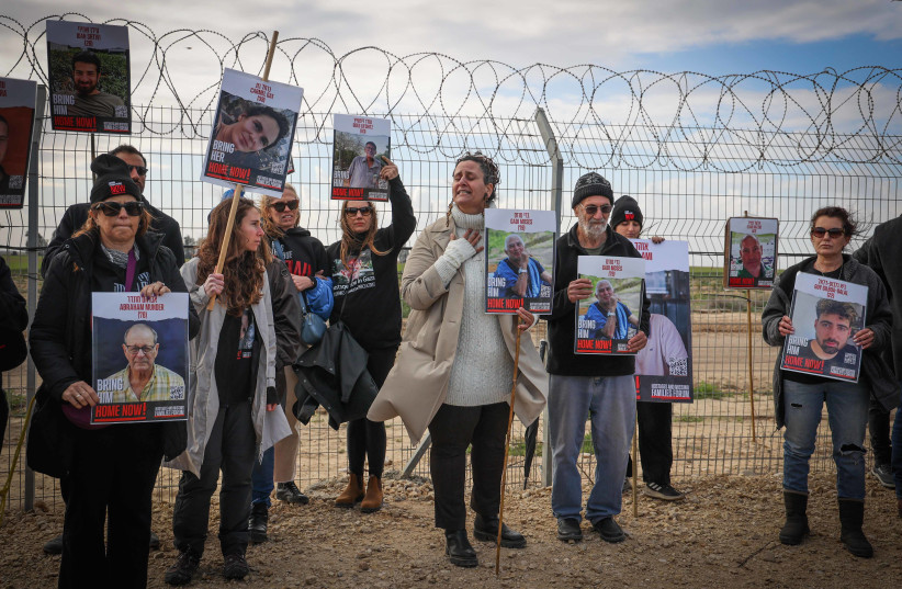  Families of Israelis held hostage by Hamas terrorists in Gaza protest for their release near the Israeli border with Gaza, January 11, 2024. (credit: FLASH90)