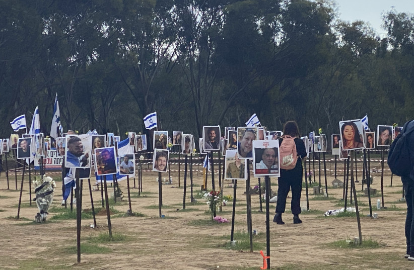  Posters of those murdered or kidnapped at the site of the Nova music festival. (credit: Aaron Poris/The Media Line)