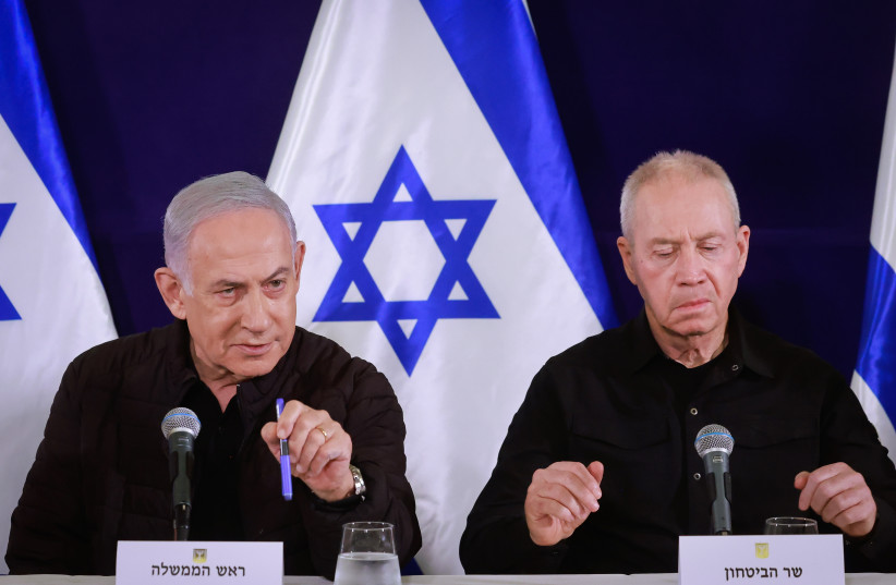  Prime Minister Benjamin Netanyahu, Defense Minister Yoav Gallant, and Minister Benny Gantz hold a joint press conference at the Defense Ministry, in Tel Aviv, November 11, 2023. (credit: Marc Israel Sellem/POOL/FLASH90)