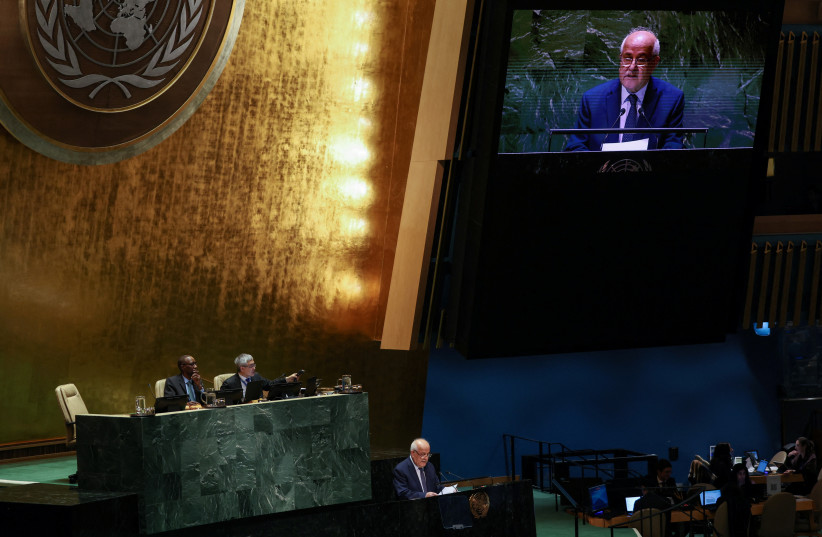  Palestinian U.N. envoy Riyad H. Mansour speaks during a plenary meeting on the 'Use of the veto - Item 63: Special report of the Security Council', in the General Assembly Hall at UN headquarters in New York City, U.S., January 9, 2024. (credit: REUTERS/SHANNON STAPLETON)