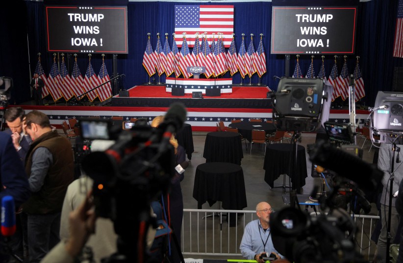  The stage for Republican presidential candidate and former U.S. President Donald Trump is seen ahead of his caucus night watch party in Des Moines, Iowa, U.S., January 15, 2024. (credit: REUTERS/BRIAN SNYDER)