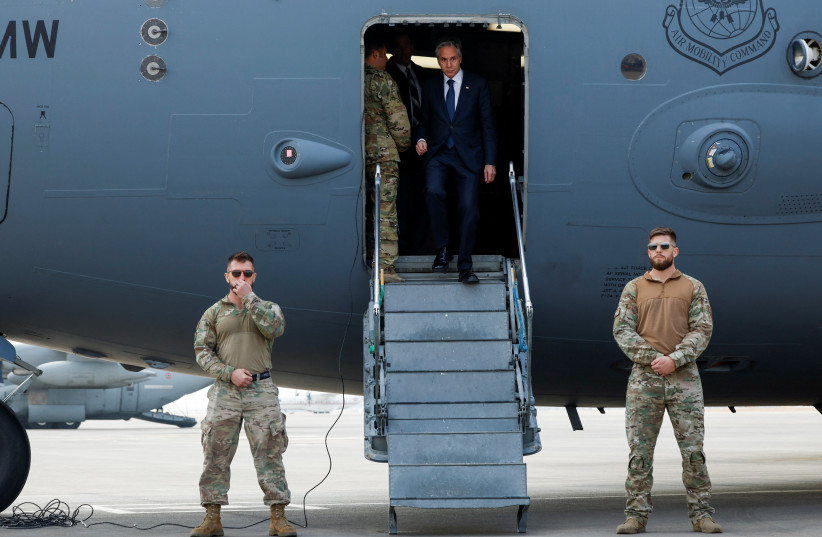 U.S. Secretary of State Antony Blinken exits a plane as he arrives in Cairo, during his week-long trip aimed at calming tensions across the Middle East, in Egypt, January 11, 2024.