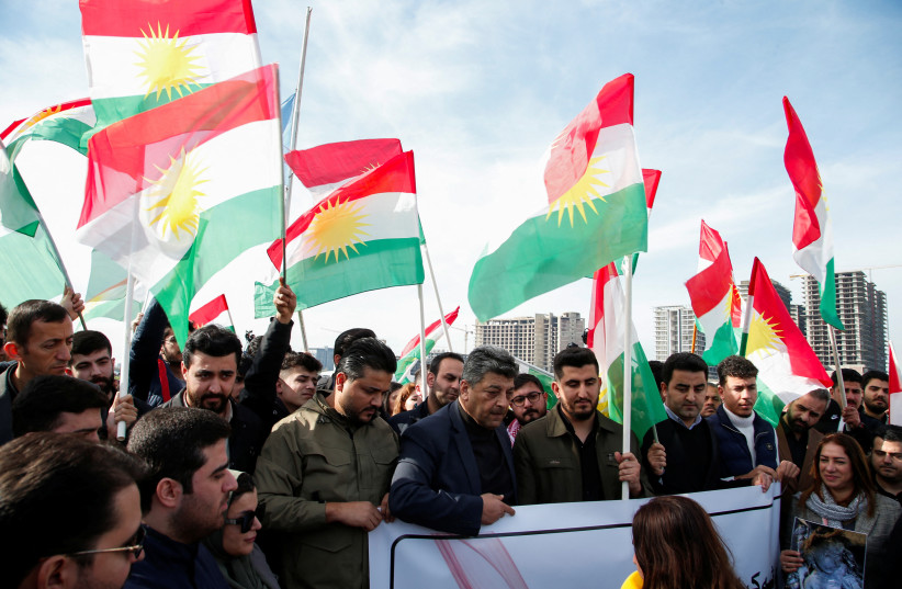  People demonstrate in front of the United Nations headquarters, following missile attacks by Iran's Revolutionary Guards, in Erbil, Iraq, January 16, 2024 (credit: REUTERS/AZAD LASHKARI)