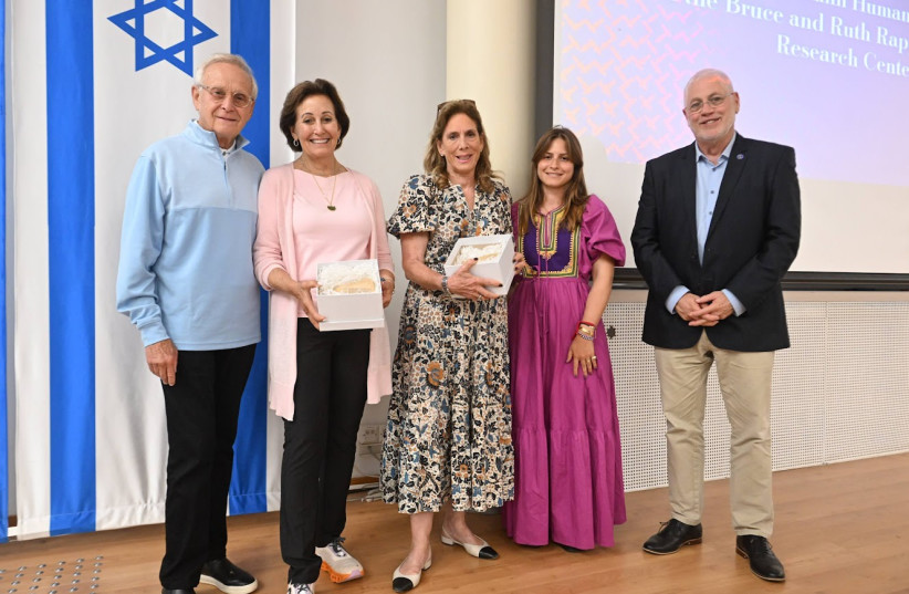  From left to right: Larry and Andi Wolfe, Irith Rappaport, Shir Goldstein, and Technion President Prof. Uri Sivan (credit: Rami Shelush for the Technion’s spokeswoman’s office)