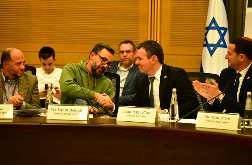  Beheshti speaking at the Knesset Israel Victory Caucus with the co-chairs MK Ohad Tal and MK Evgeny Sova. (credit: MICHAEL KATZ)