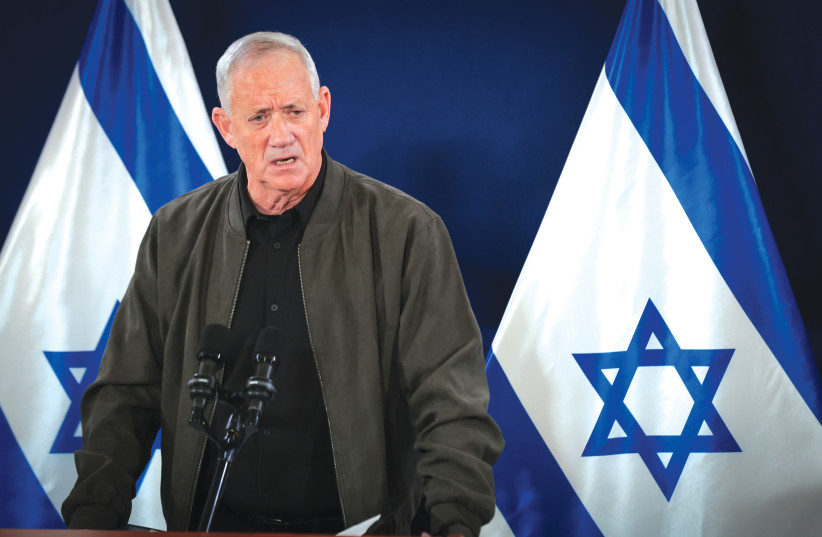  Minister Benny Gantz addresses a press conference at the Defense Ministry in Tel Aviv this week. (credit: NOAM REVKIN FENTON/FLASH90)
