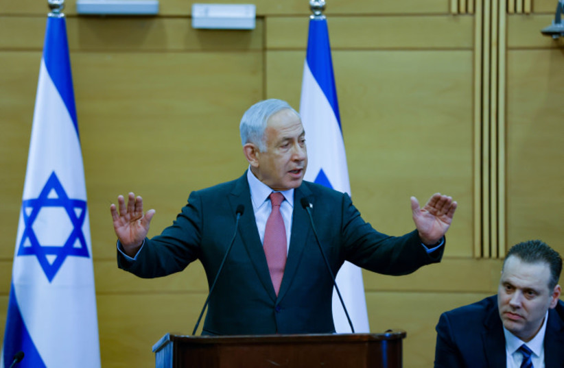  Israeli Prime Minister Benjamin Netanyahu leads a Likud party meeting at the Knesset, the Israeli parliament in Jerusalem , March 13, 2023 (credit: ERIK MARMOR/FLASH90)