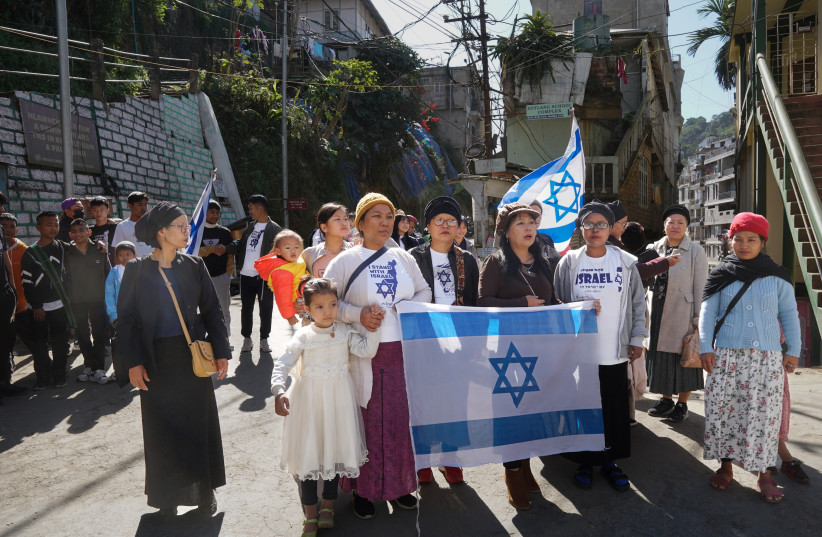  Bnei Menashe community members demonstrating their support for Israel and demanding the release of the hostages. (credit: COURTESY OF SHAVEI ISRAEL)