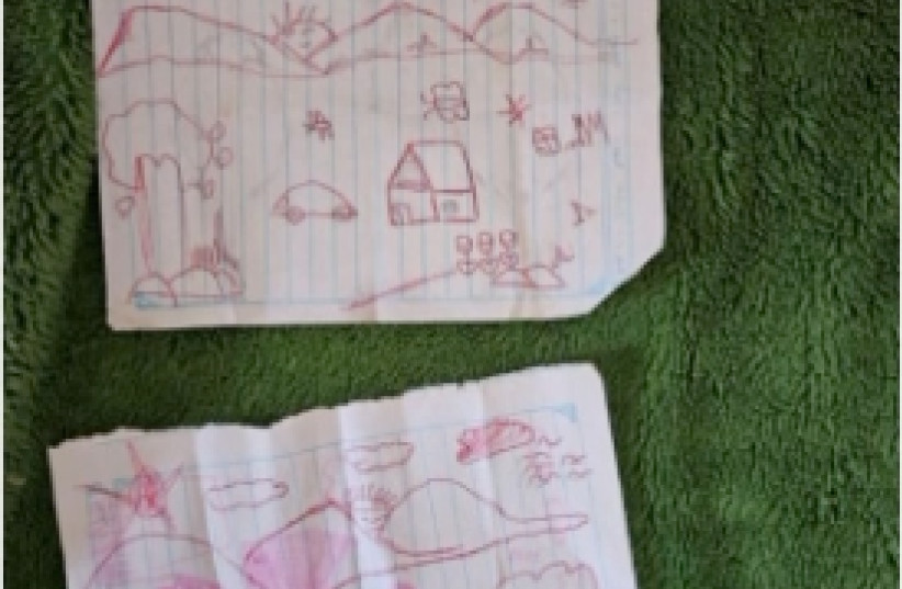 Children's drawings found in Hamas tunnel under Gaza where hostages were held.