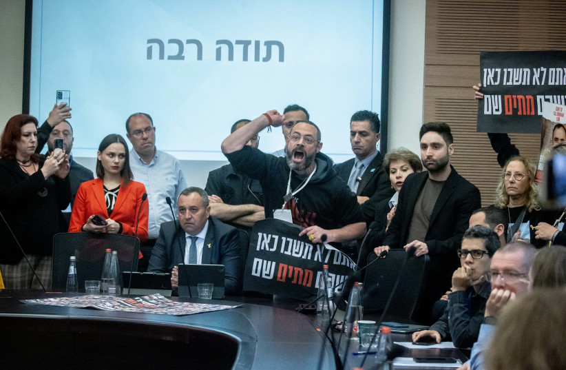 Israelis whose family members are held hostage by Hamas terrorists in Gaza protest during a Finance committee meeting, in the Knesset, the Israeli parliament in Jerusalem on January 22, 2024.