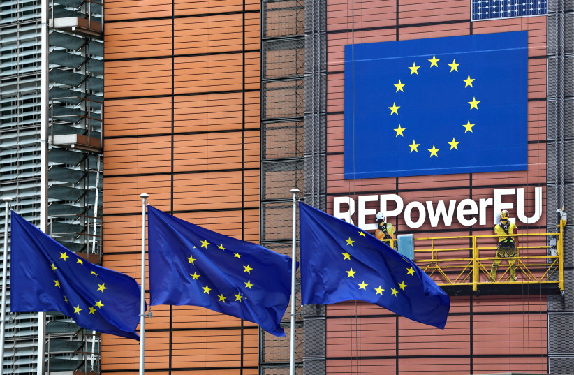  European flags fly outside the European Commission headquarters in Brussels, Belgium September 20, 2023. (credit:  REUTERS/YVES HERMAN/FILE PHOTO)