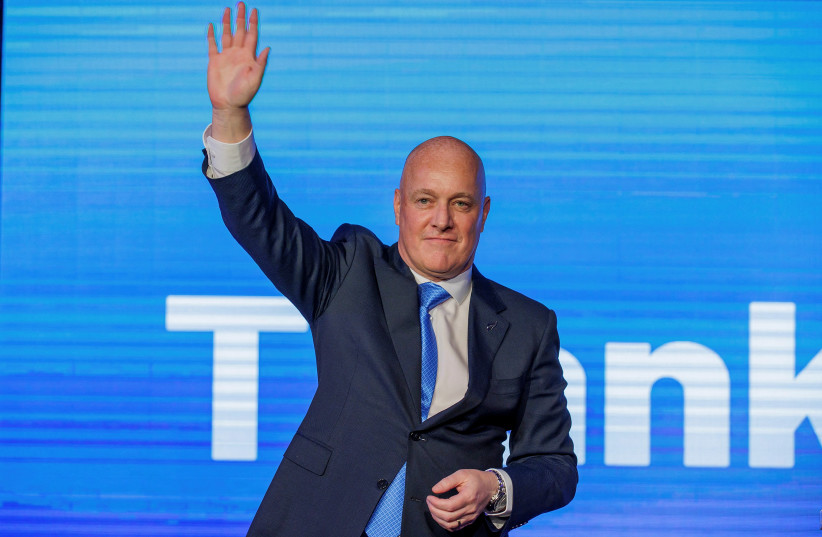  Christopher Luxon, Leader of the National Party waves to supporters at his election party after winning the general election to become New Zealand’s next prime minister in Auckland, New Zealand, October 14, 2023. (credit: REUTERS/David Rowland)