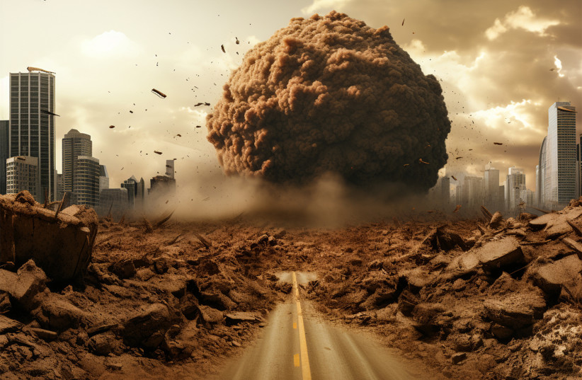  An artistic 3D illustration of an apocalyptic scenario, possibly showing doomsday as a result of nuclear war. (credit: INGIMAGE)