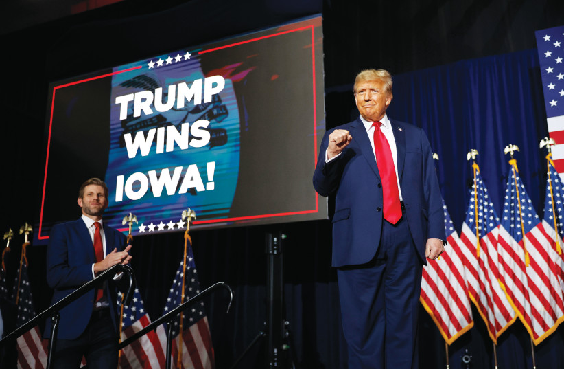  REPUBLICAN PRESIDENTIAL candidate Donald Trump speaks at his caucus night event in Des Moines, Iowa, Jan. 15. (credit: CHIP SOMODEVILLA/GETTY IMAGES)