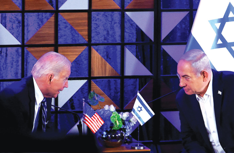 US PRESIDENT Joe Biden meets with Prime Minister Benjamin Netanyahu in Tel Aviv, in October. Instead of saying ‘no’ to the US, Israel should return to the ‘yes, but’ message, and be prepared to take risks for peace in tandem with Palestinians. (credit: EVELYN HOCKSTEIN/REUTERS)