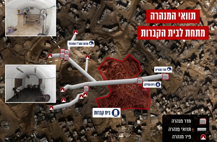 Khan Yunis tunnel unearthed under the Bani Suheila cemetery. January 29, 2024.  (credit: IDF SPOKESPERSON'S UNIT)