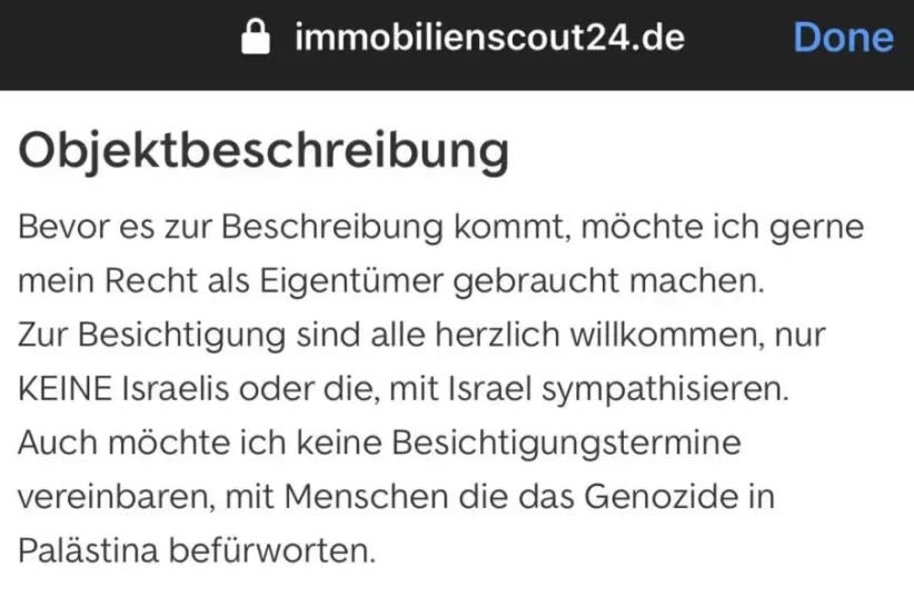  ''Todo el mundo está invitado a ver el apartamento - excepto los israelíes'', el anuncio publicado en la web alemana de apartamentos (credit: Immobilienscout)