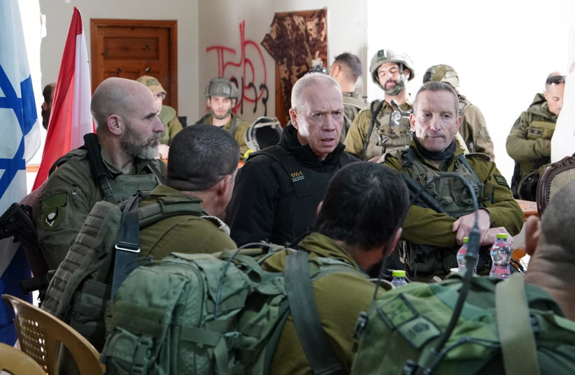  Defense Minister Yoav Gallant visits IDF soldiers in Khan Yunis, Gaza on February 1, 2024 (credit: ARIEL HERMONI/DEFENSE MINISTRY)