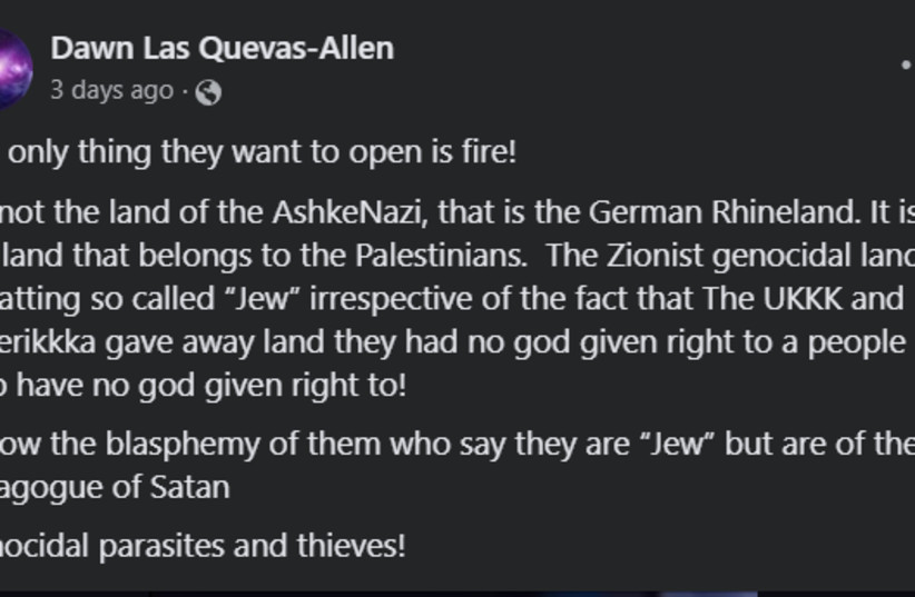  Antisemitic Facebook posts shared by BBC scheduler Dawn Las Quevas-Allen, January 28, 2024. (credit: screenshot)