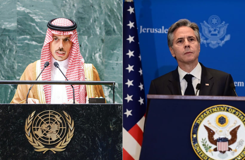  SAUDI FOREIGN Minister Prince Faisal bin Farhan Al Saud and United States Secretary of State Antony Blinken (credit: Eduardo Munoz/Reuters, TOMER NEUBERG/FLASH90)