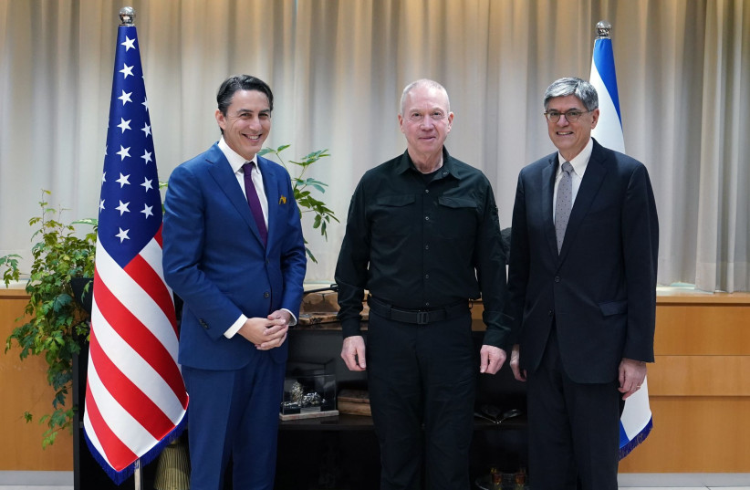  Defense Minister Yoav Gallant meets with US special envoy Amos Hochstein. February 4, 2024. (credit: ARIEL HARMONI/DEFENSE MINISTRY)