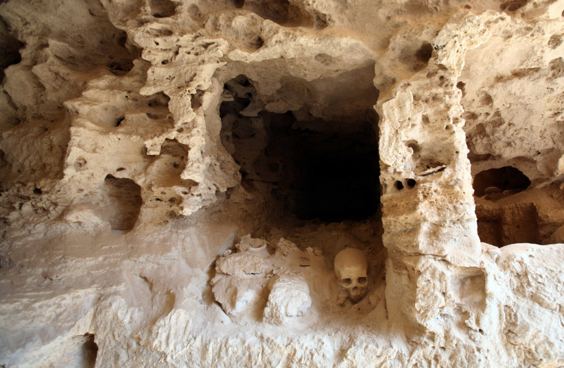  A skull is seen in a tomb near the Temple of Taposiris Magna some 50 km west of Alexandria April 19, 2009. Archaeologists think they may be close to locating the graves of the doomed lovers Cleopatra and Mark Antony in the Temple of Taposiris Magna west of Alexandria (credit: GORAN TOMASEVIC/REUTERS)