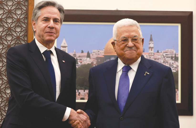  US SECRETARY of State Antony Blinken meets with Palestinian Authority President Mahmoud Abbas in Ramallah, last month. Blinken ordered the State Department to start examining the possibility of US and international recognition of a state of Palestine the day after the Gaza war ends.  (credit: REUTERS)