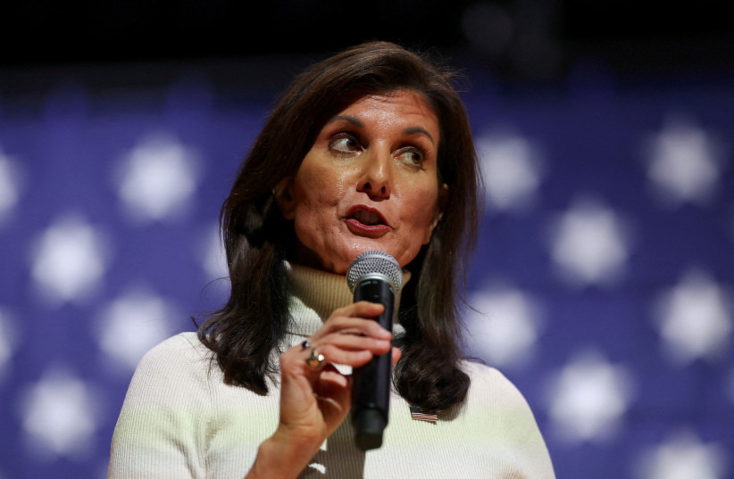  Republican presidential candidate and former U.S. Ambassador to the United Nations Nikki Haley speaks while attending a campaign event at Indian Land High School's auditorium in Lancaster, South Carolina, U.S. February 2, 202 (credit: Shannon Stapleton/Reuters)