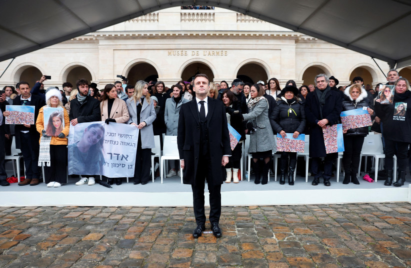 French President Emmanuel Macron attemds a ceremony to pay tribute to the victims of October 7, in the courtyard of the Hotel des Invalides in Paris, France, February 7, 2024 (credit: FLASH90)